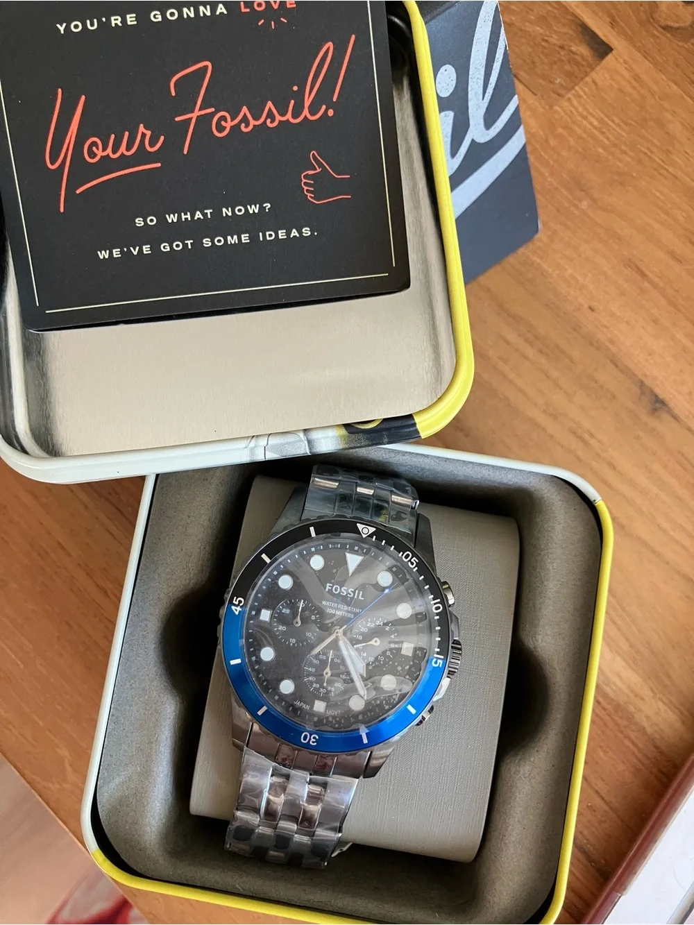 Fossil Men's Stainless Steel Chronograph Watch with Blue Bezel and Black Dial